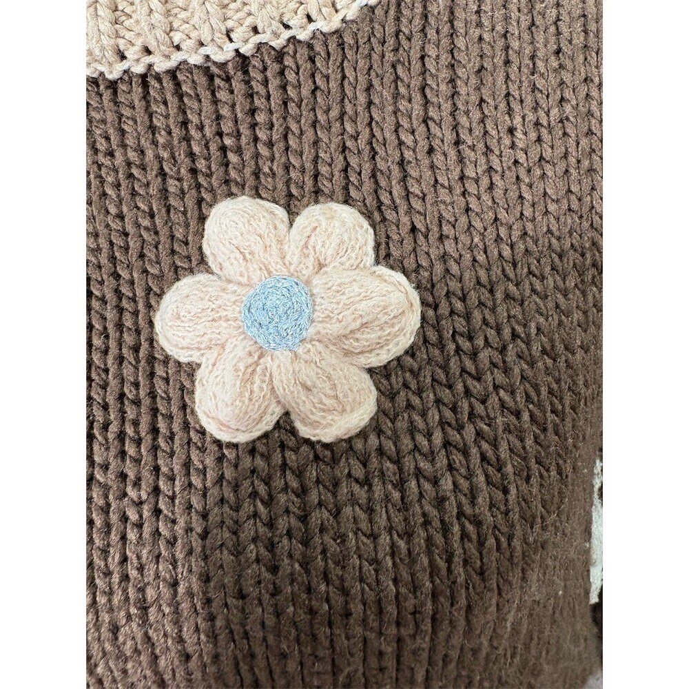 Luna Ivy Sweater Womens Size M Brown Chunky Knit Floral Applique Mock Neck - Picture 3 of 12